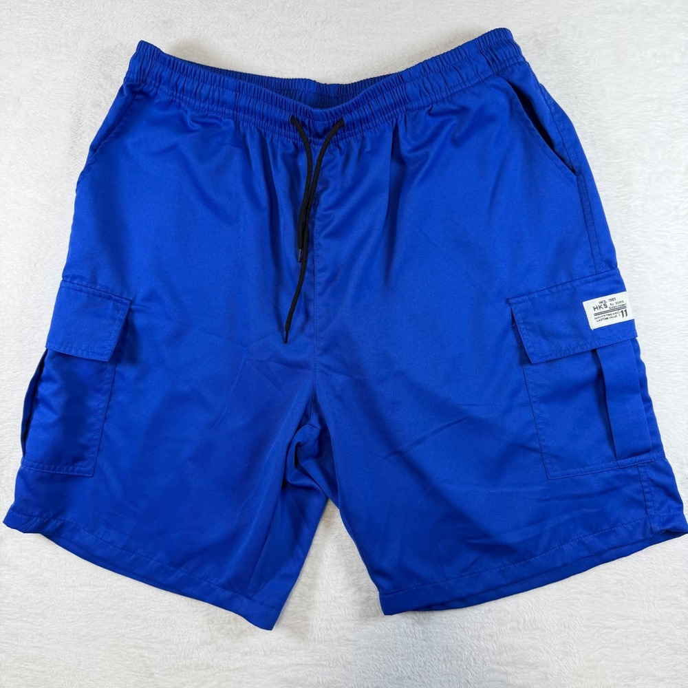 HKS 1980 By Boris Blue Cargo Shorts Mens Large Elastic Waist Drawstring Casual